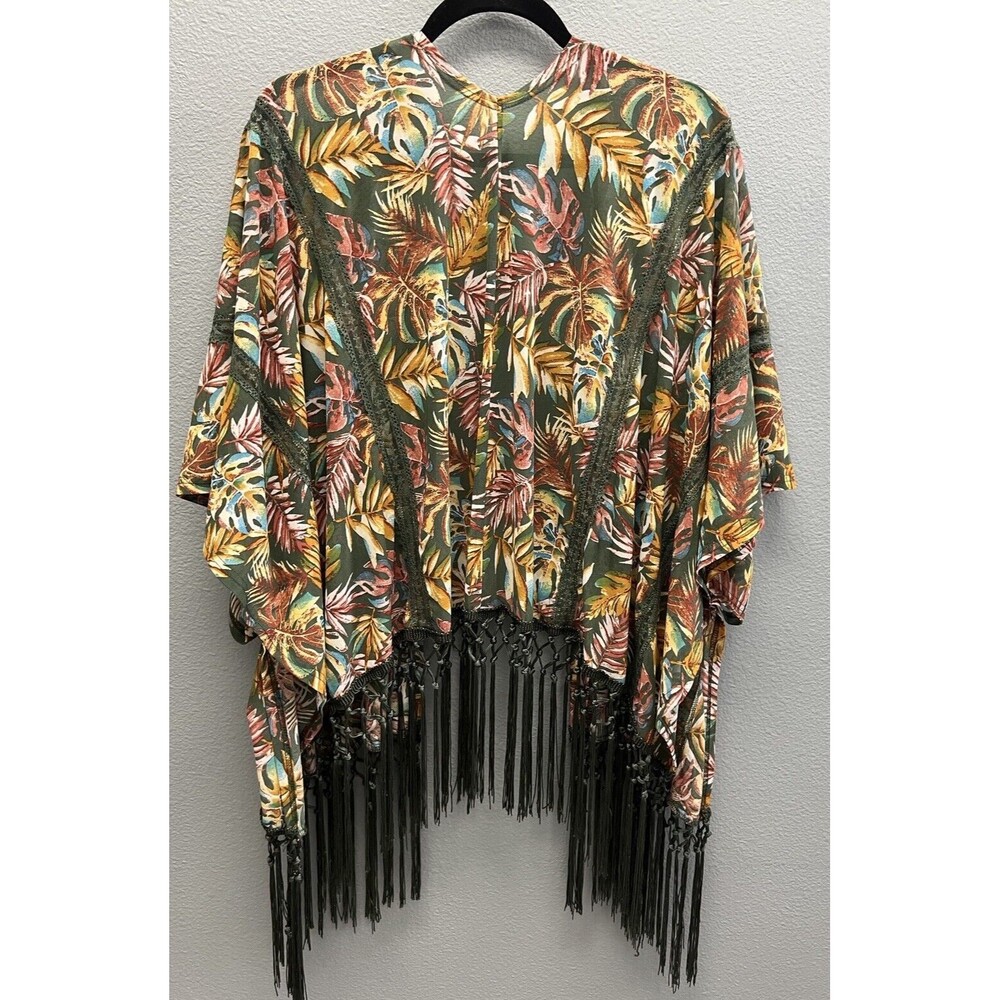 Women's Fringe Hem Open Front Kimono Cover Up Green Tropical Print Boho M - Picture 2 of 7